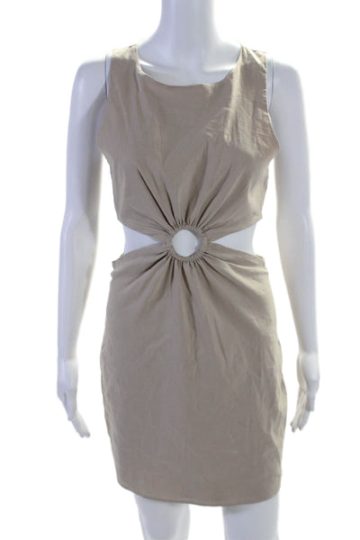 Zara Womens Cotton Ruched Cut-Out Zipped Sleeveless Midi Dress Beige Size M