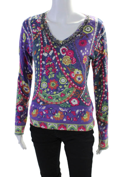 Kenzo Womens Silk Floral Print Sequin V-Neck Long Sleeve Top Multicolor Size 38