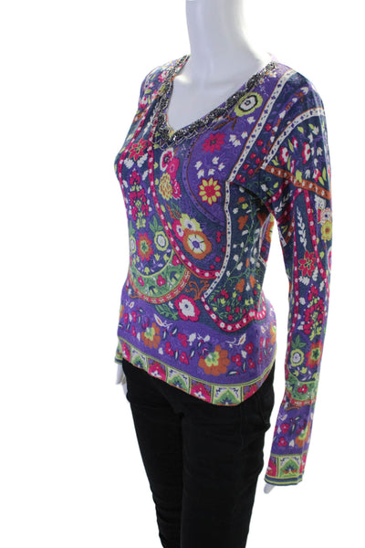 Kenzo Womens Silk Floral Print Sequin V-Neck Long Sleeve Top Multicolor Size 38