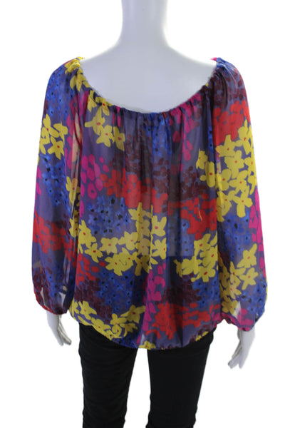 Trina Turk Womens Sheer Floral Print Boat Neck Long Sleeve Blouse Purple Size L