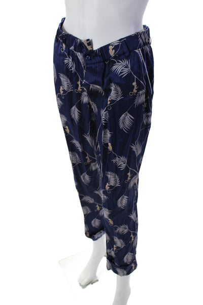 Piamita Womens Silk Navy Floral High Waisted Cuff Ankle Tapered Pants Size S