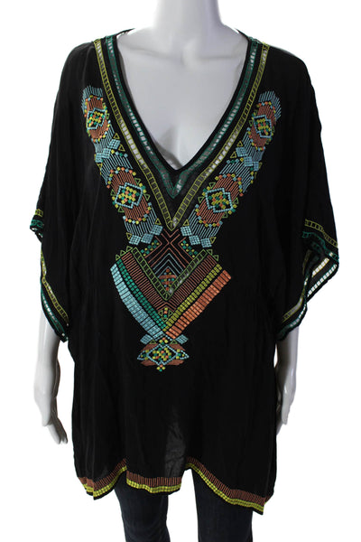 Nanette Lepore Womens Black Embroidered V-neck Short Sleeve Blouse Top Size XS