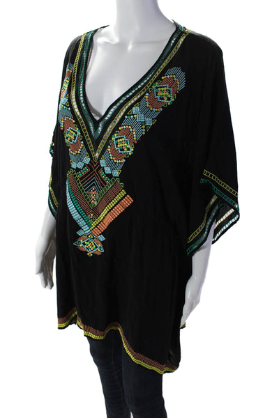 Nanette Lepore Womens Black Embroidered V-neck Short Sleeve Blouse Top Size XS