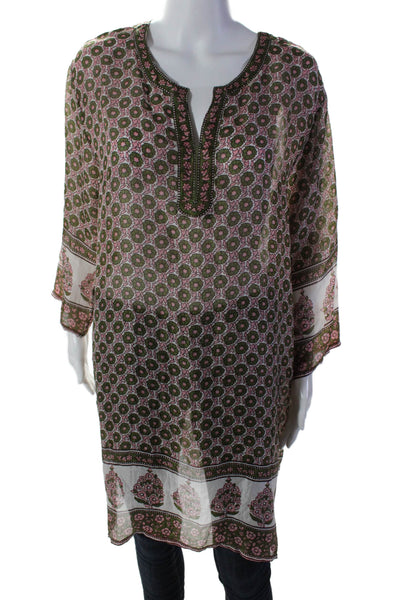 Pomegranate Womens Silk Green Floral Print V-neck 3/4 Sleeve Tunic Top Size M