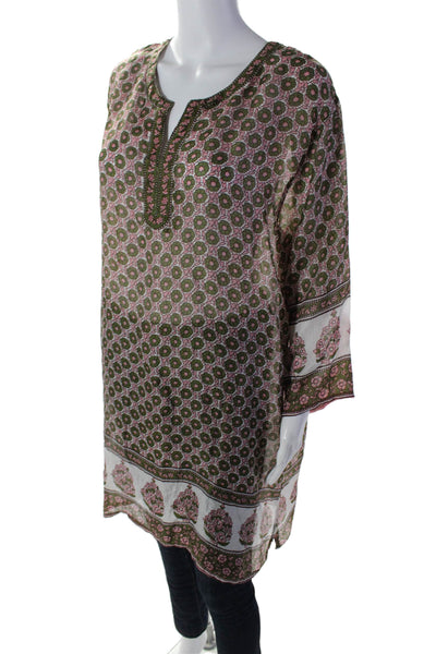 Pomegranate Womens Silk Green Floral Print V-neck 3/4 Sleeve Tunic Top Size M