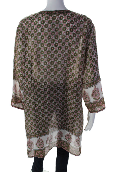 Pomegranate Womens Silk Green Floral Print V-neck 3/4 Sleeve Tunic Top Size M