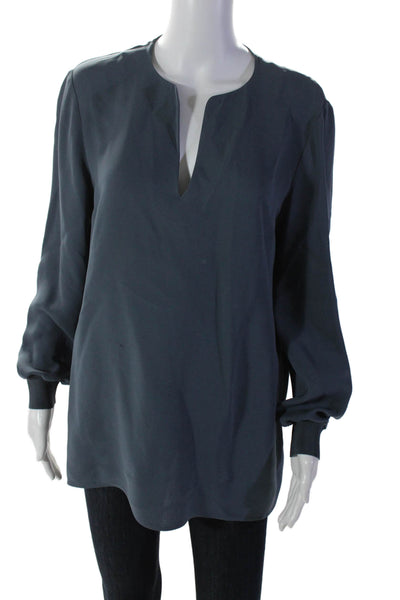 Lafayette 148 New York Womens Long Sleeve V Neck Blouse Blue Size M