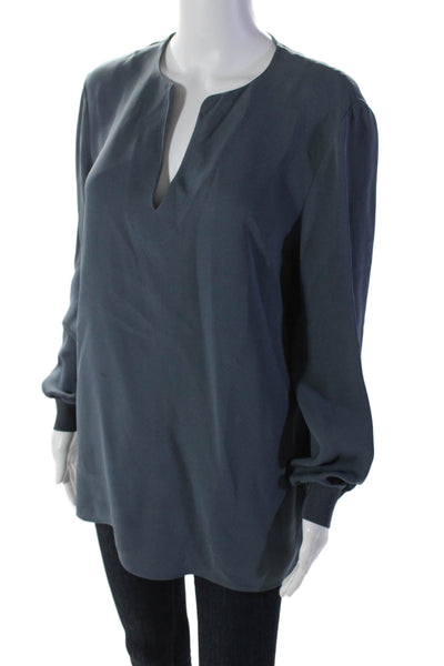 Lafayette 148 New York Womens Long Sleeve V Neck Blouse Blue Size M