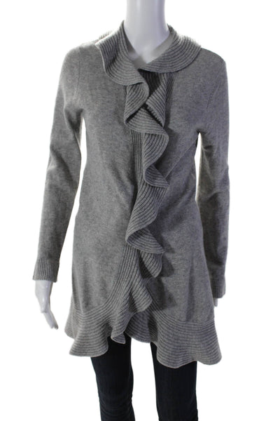 C by Bloomingdales Womens Wool Open Front Ruffle Trim Cardigan Gray Size M