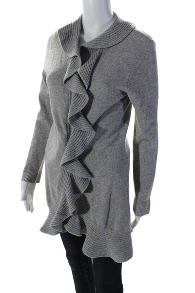 C by Bloomingdales Womens Wool Open Front Ruffle Trim Cardigan Gray Size M