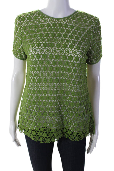 Tory Burch Women's Round Neck Short Sleeves Cotton Crochet Blouse Green Size S