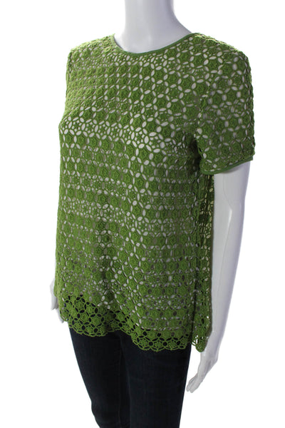 Tory Burch Women's Round Neck Short Sleeves Cotton Crochet Blouse Green Size S