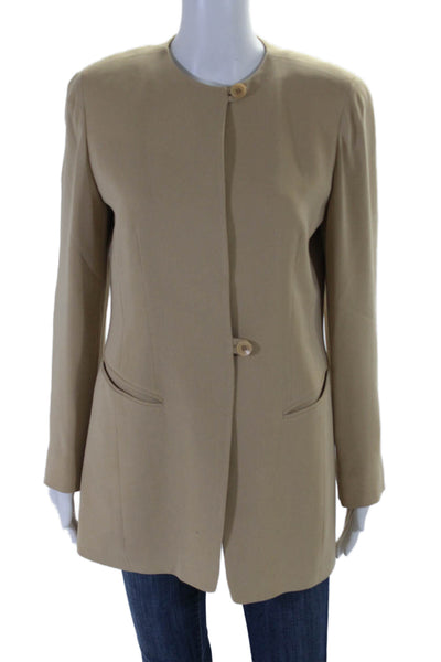 Emanuel Womens Beige Crew Neck Front Pockets Two Button Long Sleeve Blazer Size4