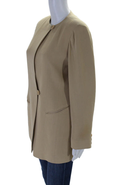 Emanuel Womens Beige Crew Neck Front Pockets Two Button Long Sleeve Blazer Size4