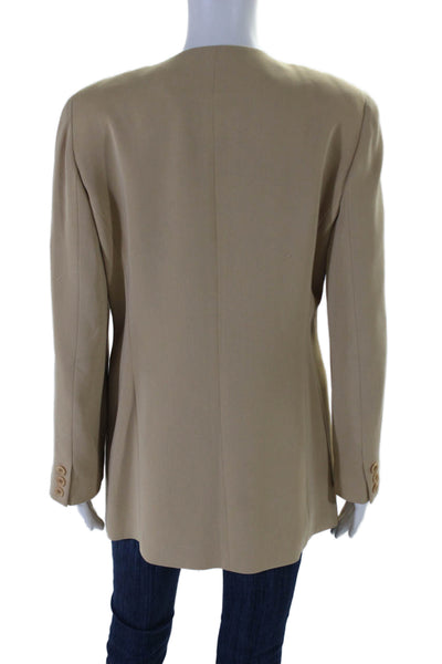 Emanuel Womens Beige Crew Neck Front Pockets Two Button Long Sleeve Blazer Size4