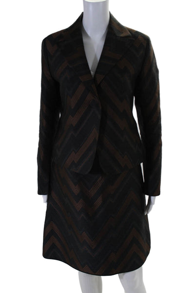 Akris Punto Womens Brown Black Printed One Button Blazer Skirt Suit Set Size 8