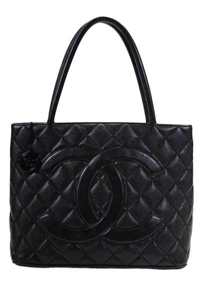 Chanel Womens Black Caviar Leather Quilted Medallion Tote Bag Handbag