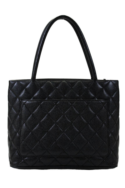 Chanel Womens Black Caviar Leather Quilted Medallion Tote Bag Handbag