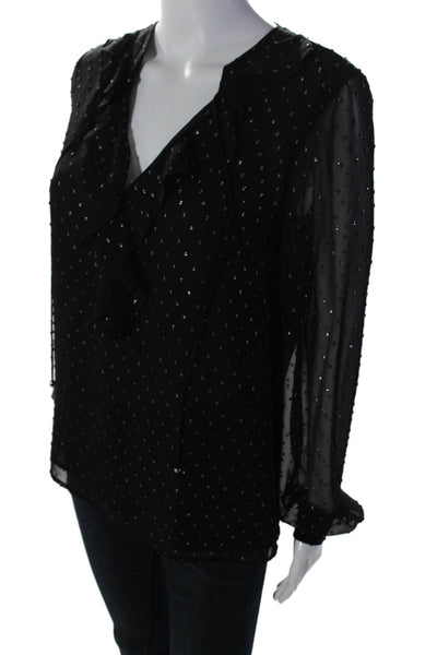 Paige Women's Round Neck Long Sleeves Ruffle Blouse Black Polka Dot Size XS