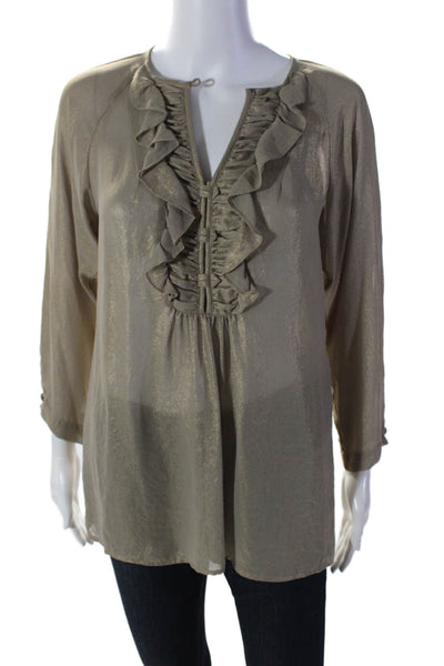 Nanette Lepore Women's Round Neck Long Sleeves Ruffle Glitter Blouse Tan Size 0