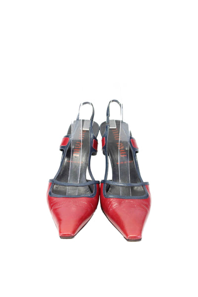 Miu Miu Womens Leather Pointed Toe Cut Out Slingback Low Heels Red Size 9.5US