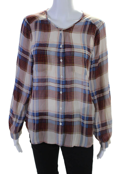 Joie Womens Silk Red Blue Plaid Crew Neck Long Sleeve Button Blouse Top Size M