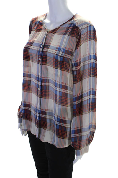 Joie Womens Silk Red Blue Plaid Crew Neck Long Sleeve Button Blouse Top Size M