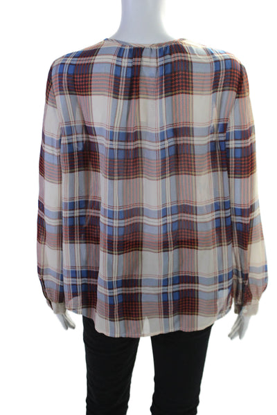 Joie Womens Silk Red Blue Plaid Crew Neck Long Sleeve Button Blouse Top Size M