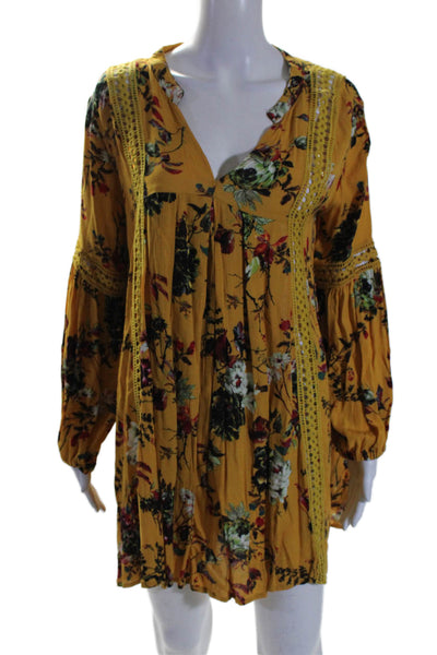 Pink Diamond Womens Yellow Floral V-Neck Long Sleeve Mini A-Line Dress Size M