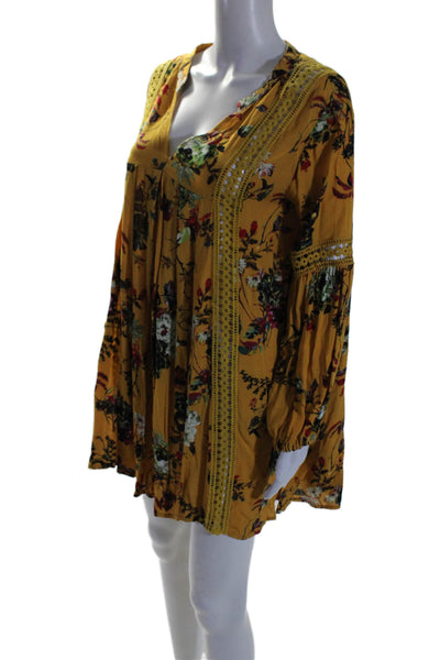 Pink Diamond Womens Yellow Floral V-Neck Long Sleeve Mini A-Line Dress Size M