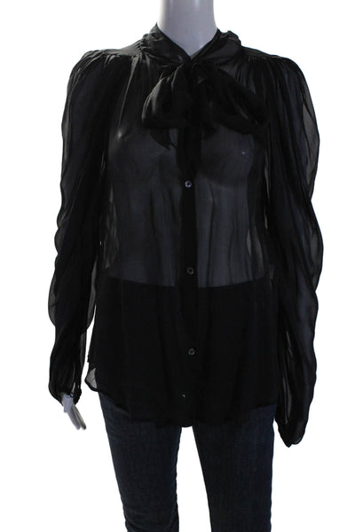 Elizabeth and James Womens Silk Black Sheer Ruffle Long Sleeve Blouse Top Size S