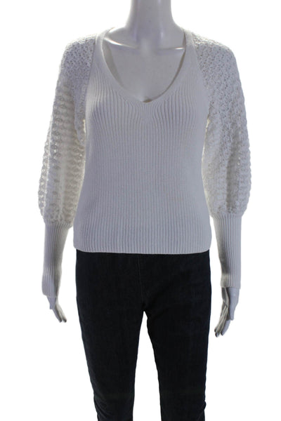 Aqua Womens Cotton Textured Long Sleeve Ribbed Pullover Sweater Top White Size S