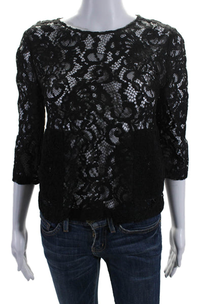 Claudie Pierlot Womens Cotton Jacquard Lace 3/4 Sleeve Crop Blouse Black Size 36