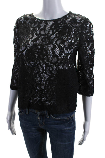 Claudie Pierlot Womens Cotton Jacquard Lace 3/4 Sleeve Crop Blouse Black Size 36