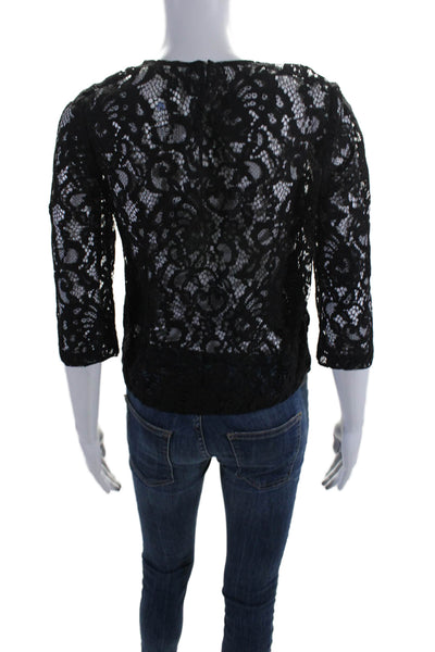 Claudie Pierlot Womens Cotton Jacquard Lace 3/4 Sleeve Crop Blouse Black Size 36