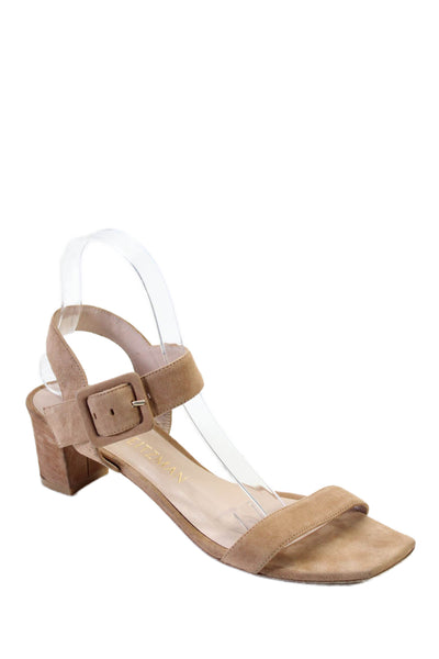 Stuart Weitzman Womens Suede Open Toe Low Heel Ankle Strap Sandals Beige Size 9