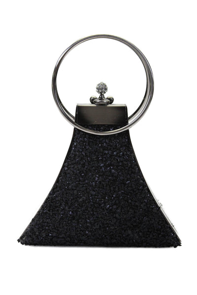 GEM Womens Triangular Textured Silver Tone Top Handle Evening Bag Black