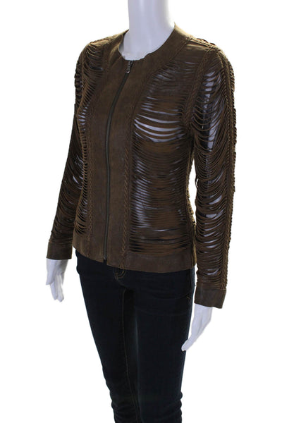 Natto Leather Suede Textured Fringe Zip Long Sleeve Jacket Brown Size S