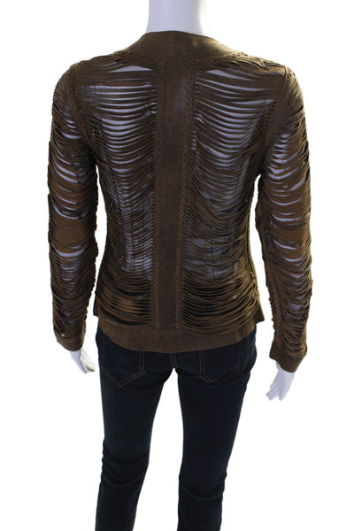 Natto Leather Suede Textured Fringe Zip Long Sleeve Jacket Brown Size S