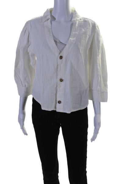 DL1961 Women's Short Sleeves Collared Linen Button Down Shirt White Size M