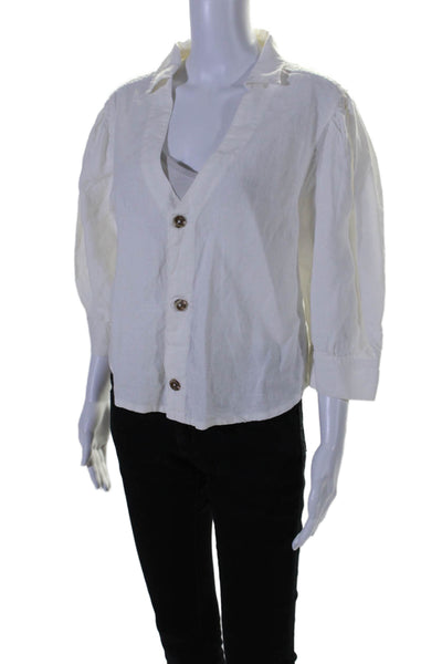 DL1961 Women's Short Sleeves Collared Linen Button Down Shirt White Size M