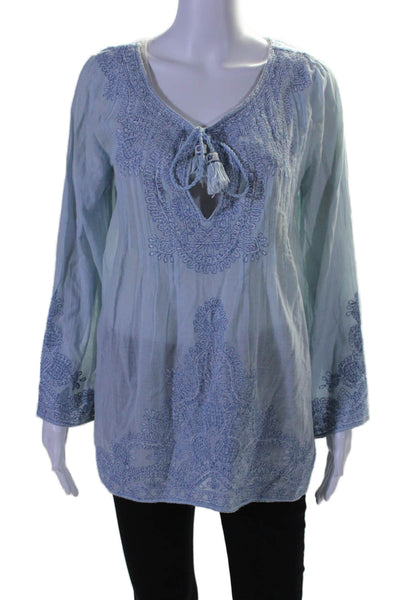 Calypso Saint Barth Women's Round Neck Tassel Long Sleeves Blouse Blue Size M