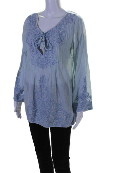 Calypso Saint Barth Women's Round Neck Tassel Long Sleeves Blouse Blue Size M