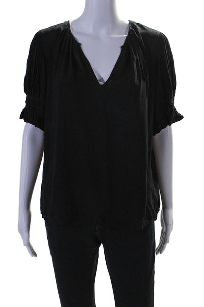 Velvet Womens V-neck Short Sleeve Ruffle Textured Flowy Blouse Black Size M