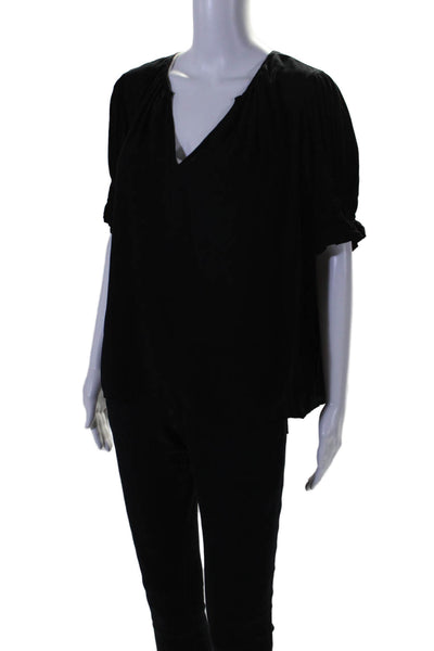 Velvet Womens V-neck Short Sleeve Ruffle Textured Flowy Blouse Black Size M