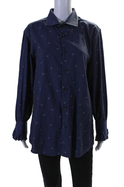 Altemflower Womens Polka Dot Buttoned Long Sleeve Collared Blouse Navy Size XL