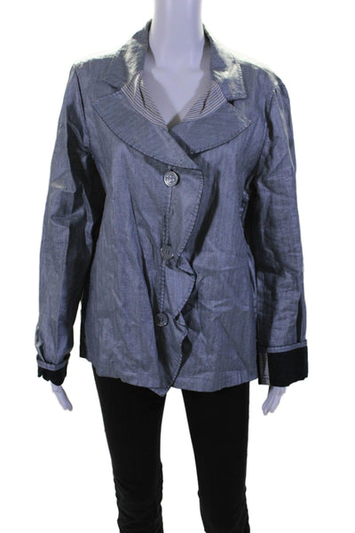 Armani Collezioni Womens Linen Blue Ruffle Collar Long Sleeve Jacket Size 16