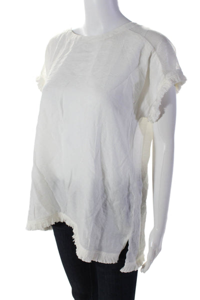 Hem & Thread Womens Fringe Trim Short Sleeve Pullover Blouse Top White Size L