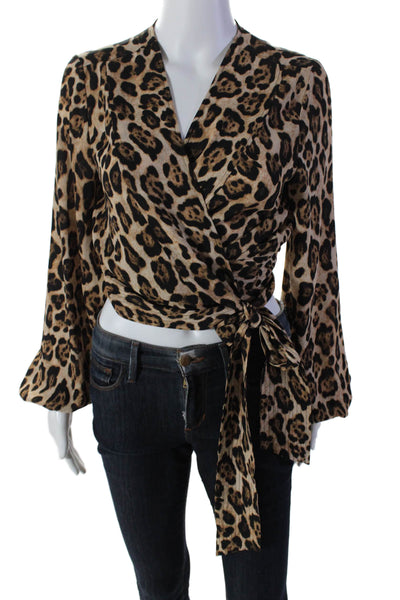 Marled Womens Animal Print V-Neck Long Sleeve Wrap Blouse Top Brown Size M