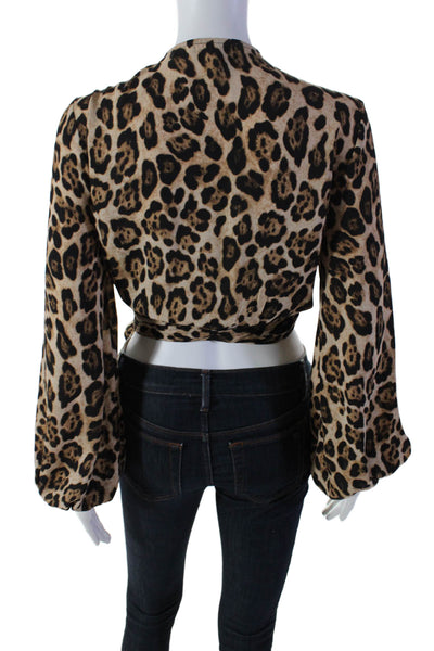 Marled Womens Animal Print V-Neck Long Sleeve Wrap Blouse Top Brown Size M